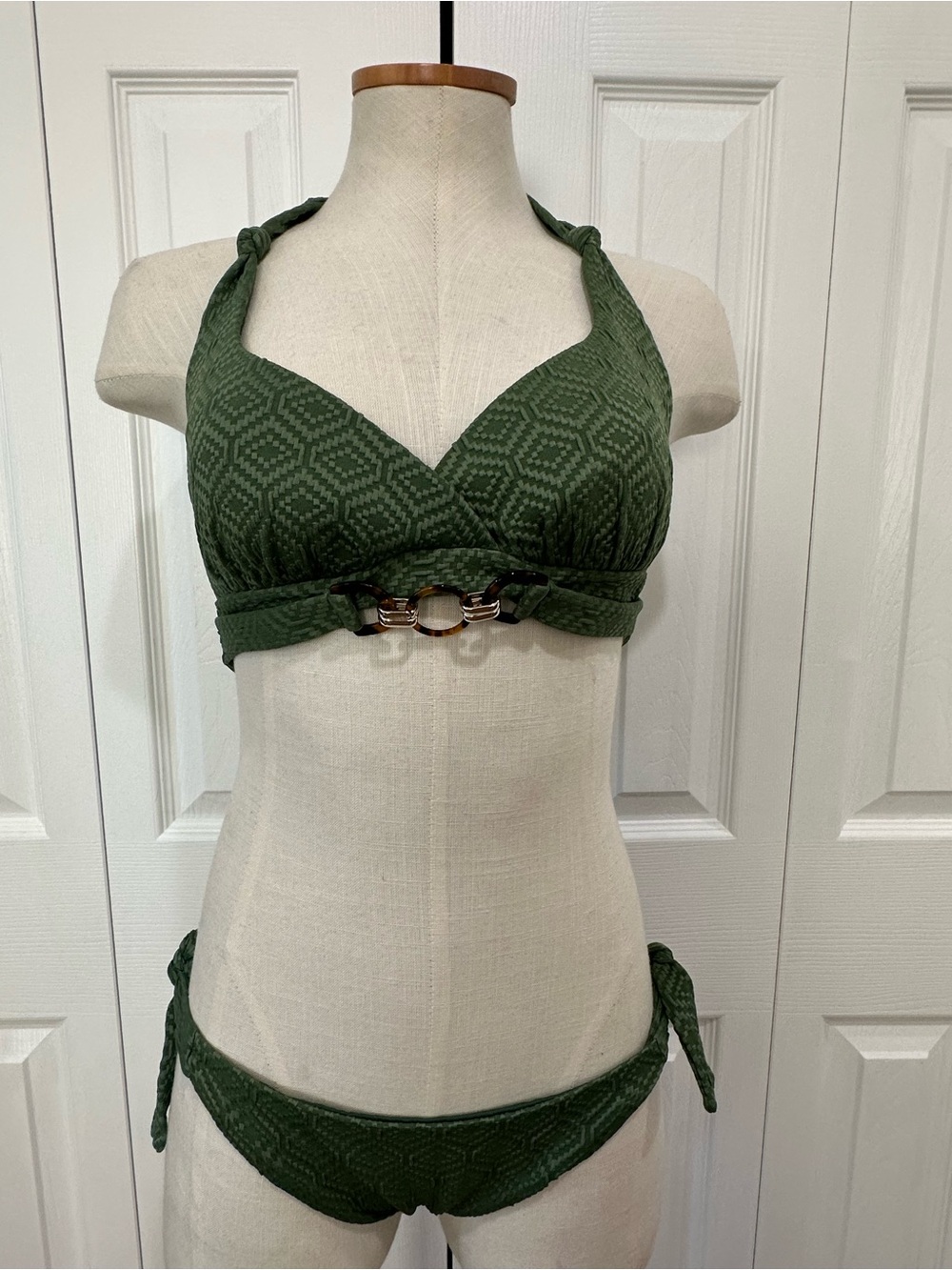 Olive Green Textured Bikini Set with Gold Accent